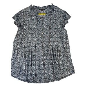 Ava & Grace Women's XL Blue Black Geometric Short Sleeve Blouse Stretch Top